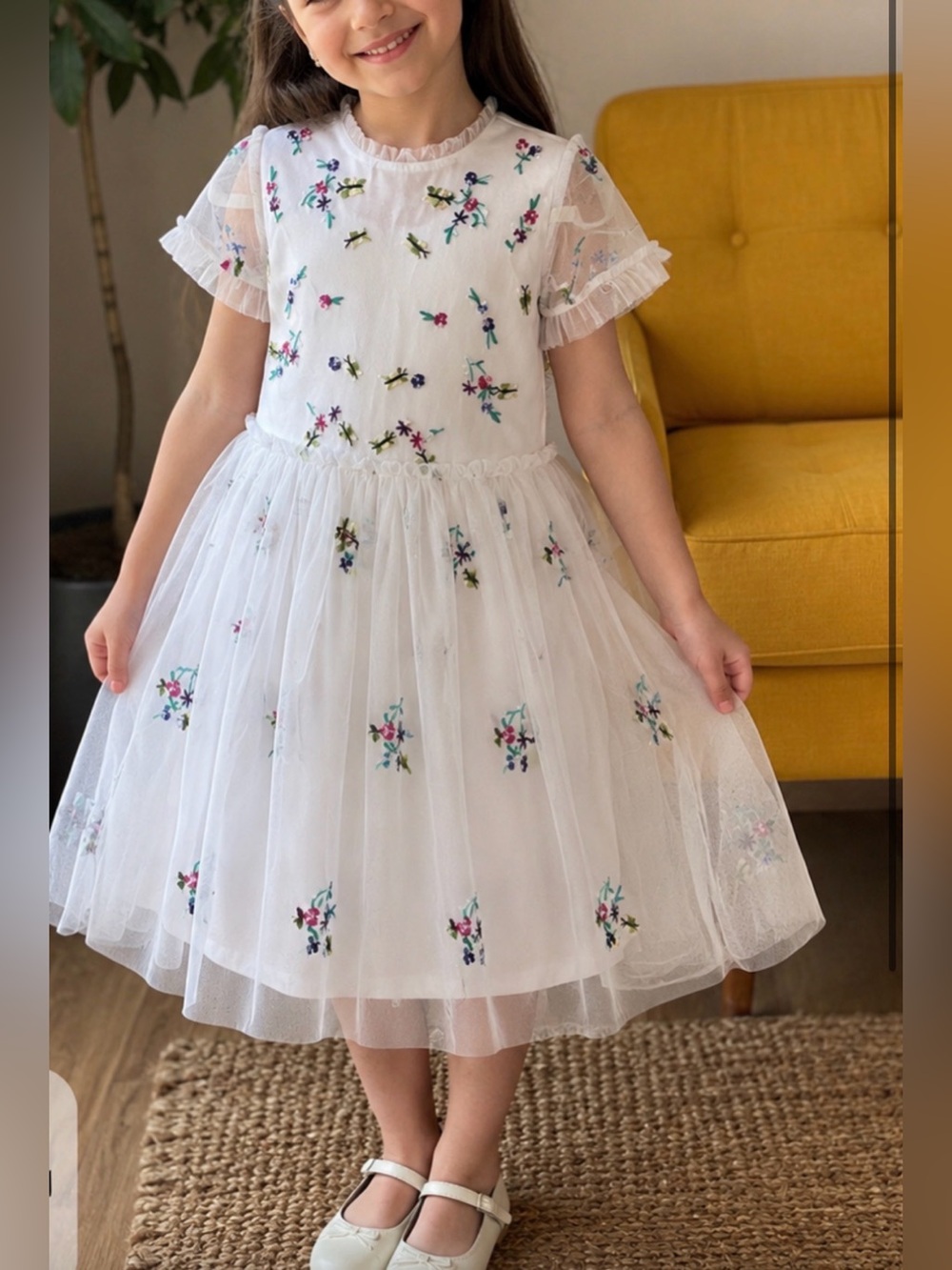 Forever 21 Girls Floral Embroidered Tulle Dress - Cream with Multicolor Flowers